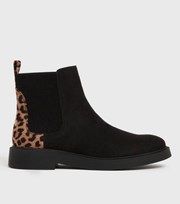 New Look Black Suedette Leopard Print Panel Chelsea Boots